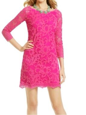 Lilly Pulitzer Aaliyah Dress Bright Pink Lace Shift Dress size 2 silk tie back